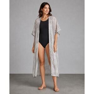 Rachel Zoe Gray White Snake Print Sheer Kimono Swim Cover Up One Size